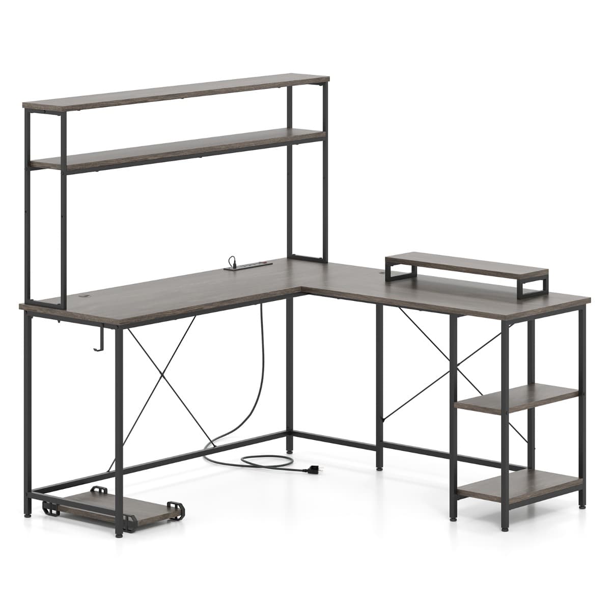 CostwayBureau d'Ordinateur Reversible en Forme de L avec Bande LED et Prises de Courant Support pour Écran & CPU Gris