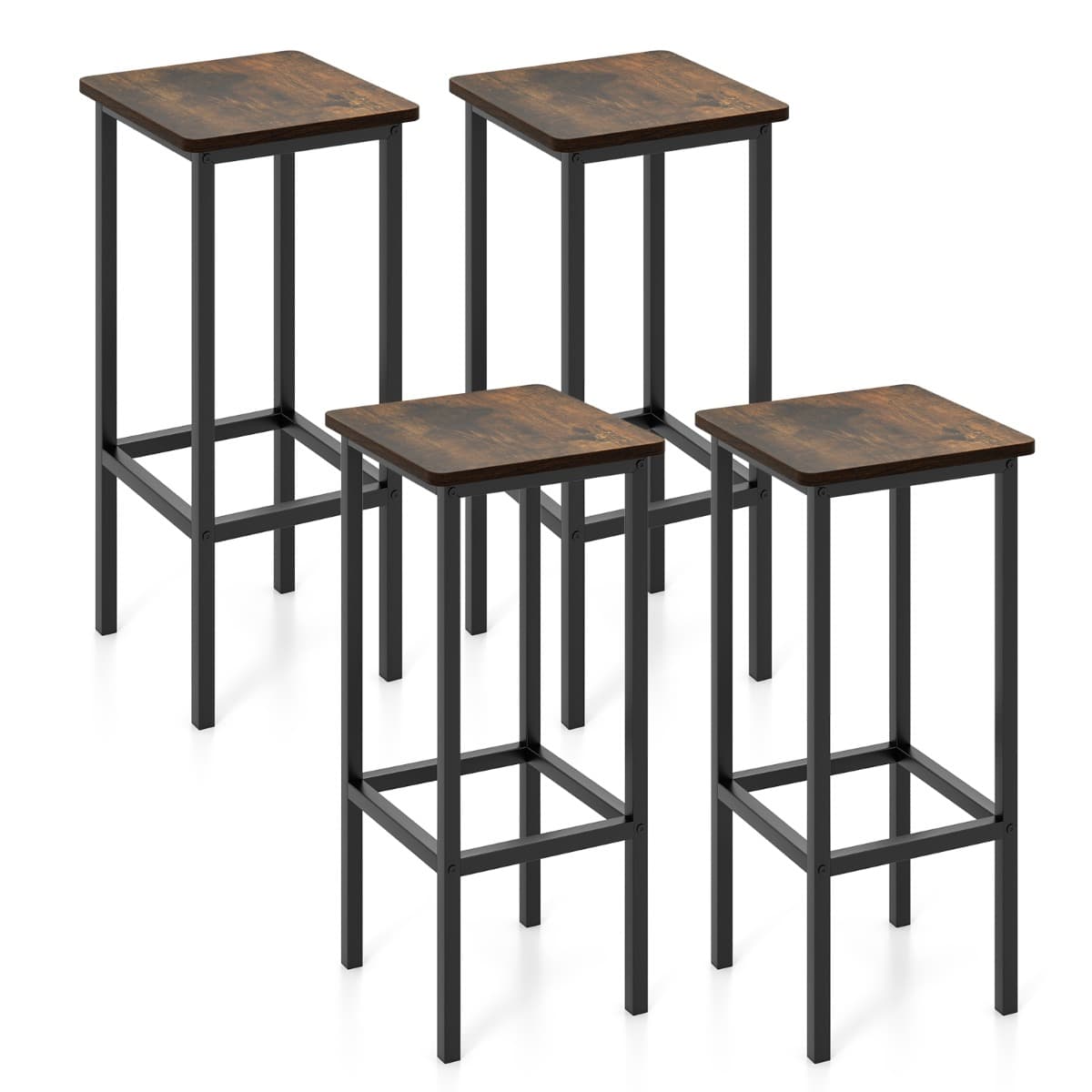 CostwayLot de 4 Tabourets de Bar Chaise de Bar de 65 Cm Pieds et Repose-pieds en Métal pour Cuisine Salle à Manger Marron Rustique